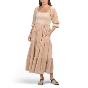 IN FEBRUARY Tan Three-quarter Sleeve Smocked Tiered Velvet Midi Dress